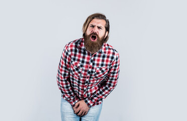 Fototapeta premium Prostatitis. male health. Frequent urination. pain in scrotum. man want to pee and hold bladder. Urinary incontinence concept. bearded man has disease of sexual organ