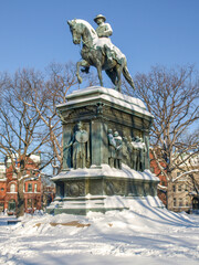 Snow covered equestrian statue of General Logan in Logan Circle, Washington, DC, February 11, 2010.