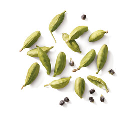 Cardamom pods and seeds isolated on white background top view - obrazy, fototapety, plakaty