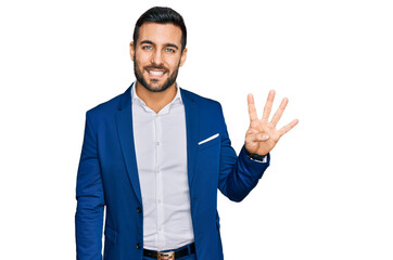 Young hispanic man wearing business jacket showing and pointing up with fingers number four while...