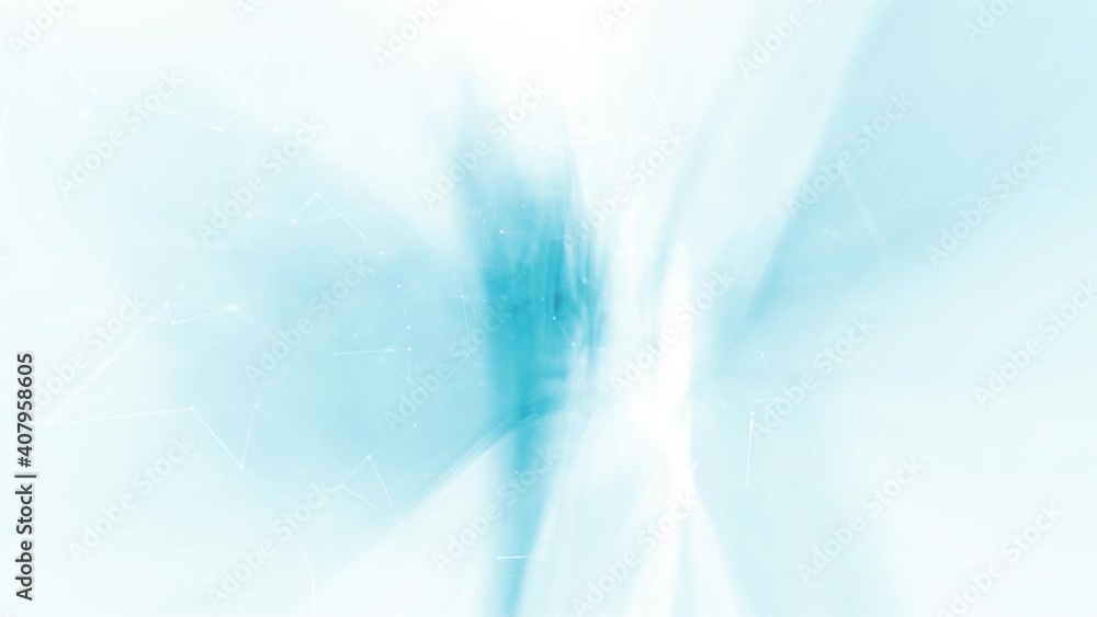 Poster futuristic white blue bokeh light travel with lines and dots motion background. seamless looping.