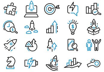 Startup icons set. Launch Project, Business report, Target icons. Strategy, Development plan, Startup space rocket. Out of the Box strategy and Business innovation report. Editable Stroke Vector