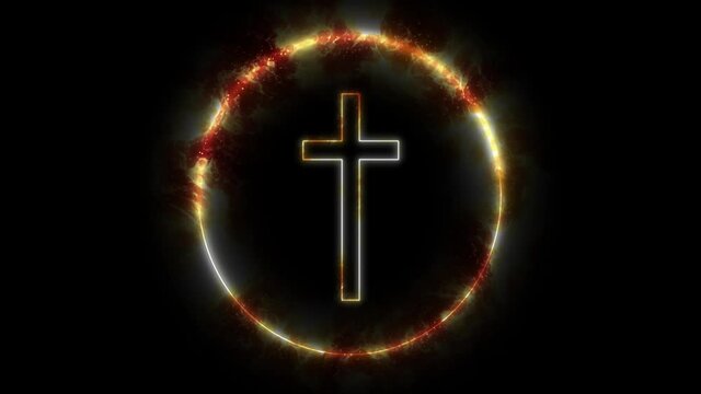 Fire style crucifix, religion concept. Inside swirling round, sign of Christianity.