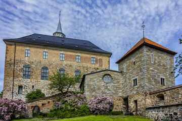 Fototapeta na wymiar View of Medieval Akershus Castle (from 1299) and fortress in Oslo, Norway. Akershus Castle built to protect Oslo.