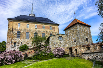 View of Medieval Akershus Castle (from 1299) and fortress in Oslo, Norway. Akershus Castle built to protect Oslo.