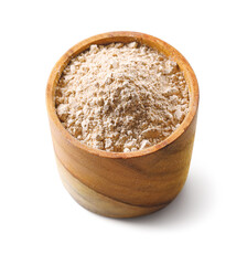 Spices powder curry in a wooden bowl isolated on white background