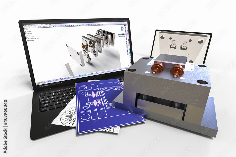 Aufkleber 3d render image representing plastic mold design with the help of cad