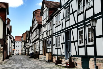 Fachwerkhäuser in einer Altstadtgasse in Rothenburg a.d. Fulda