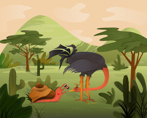 Cartoony ostrich meets a snail while walking on the green savannah
