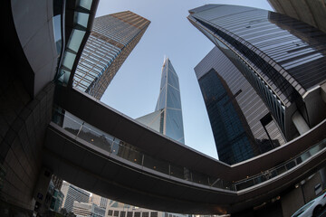 city business modern, buildings skyscrapers low angle fish eye shot, Hong Kong