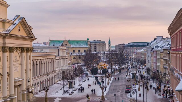 Zimowe Krakowskie Przedmieście, Warszawa, time-lapse 4K