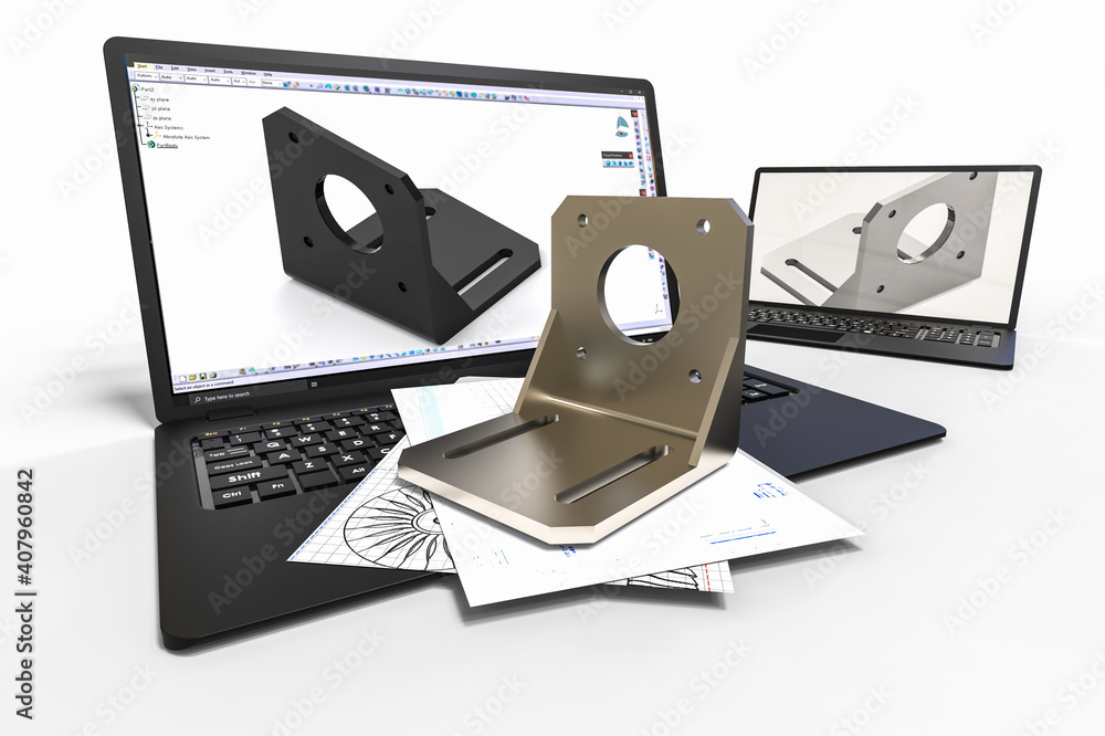 Poster 3d render image representing sheet metal design with the help of cad