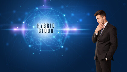 Businessman thinking about security solutions with HYBRID CLOUD inscription