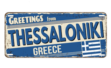 Greetings from Thessaloniki vintage rusty metal plate