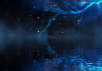 Dramatic empty nature background. Dark night view of the city during a thunderstorm. Flashing lightning. Reflection of light on water. 
