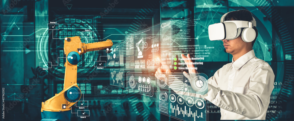 Poster engineer controls robotic arms by augmented reality industry technology application software. smart 