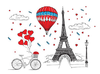Fototapeta na wymiar Еiffel tower, hot air balloon. Hand-drawn style. Vector illustration.