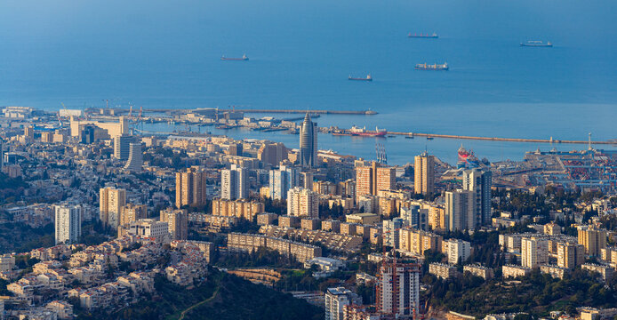 The Cityscape of Haifa At Sunset,  Haifa Downtown Aerial View, Israel
