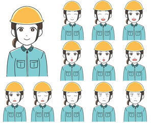 作業員　黄色ヘルメット　女性　表情バリエーション