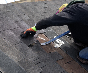Roofer uses a blue pry bar to remove damaged shinlges during the repair of a residential roof.