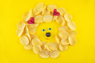 Yellow potato chips with salt and season on a yellow background