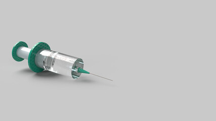 3D visualization of vaccine with green parts and glass material, medical syringe for covid-19 on the ground