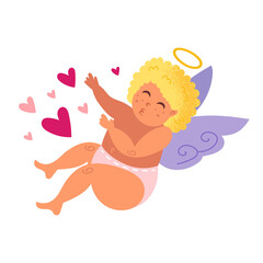 Funny cupid with blond hair and halo. Angel, child, boy. Love, hearts, wedding. St Valentine's Day. Flat vector illustration. 
