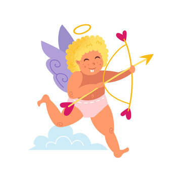 Funny cupid with arrow, bow and halo. Angel, child. Running boy. St Valentine's Day. Flat vector illustration. 
