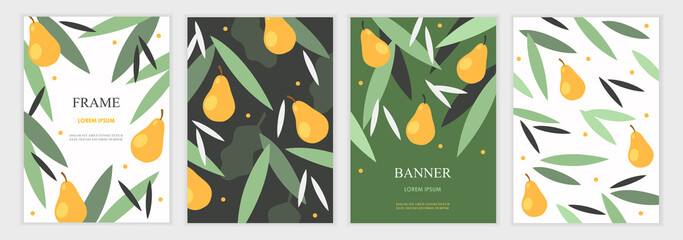 Set of invitation cards. Place for text. Foliage and pears. Green spring garden. Retro design. Flat vector illustration. Templates for banners, flyers, brochures, invitations, covers. - 407964612