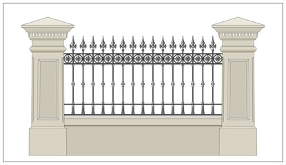 Fototapeta premium A classical iron fence with stone pillars. Wrought iron. Metal decor. Urban design. Classical architecture. Isolated. White background.