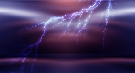 Dramatic empty nature background. Dark night view of the city during a thunderstorm. Flashing lightning. Reflection of light on water. 