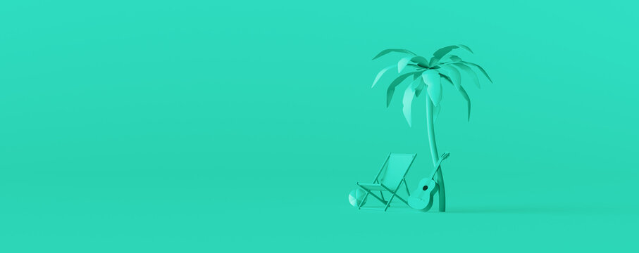 Beach Chair And Guitar Under A Palm Tree On Green Background. Creative Minimal Summer Concept Idea 3D Render 3D Illustration