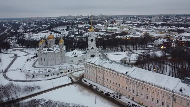 Aerial Drone View Over winter in the old Russian city of Vladimir. Golden ring russia& Winter
