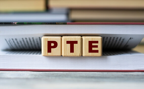 PTE - word on wooden cubes against the background of the open book