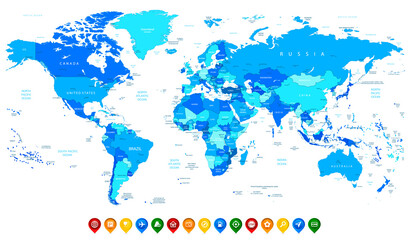 Fototapeta na wymiar Detailed vector World map of blue colors and colorful map pointers