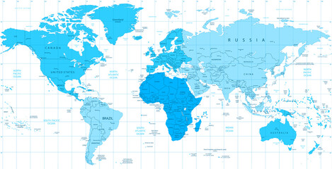 Fototapeta na wymiar Detailed World map blue colors isolated on white