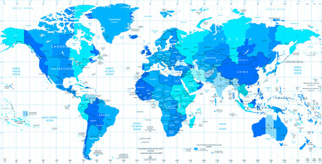 Detailed World map standard time zones in colors of blue
