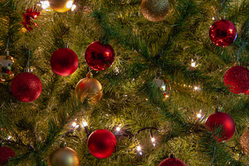 Navidad, Esferas, rojo, dorado, &aacute;rbol 