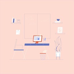 Workplace illustration with computer, desk, documents. Vector home office and freelancer workspace concept.