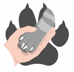 The hand gently holds a dog's paw on the background of the imprint of a striped dog's paw. Symbol of love for dogs. Animal protecting community. © Эжен Лавре