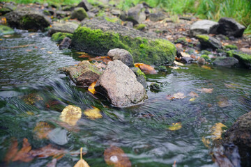 The stone lies in the middle of a running stream