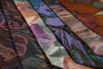close-up view, many multi-colored folded, twisted ties, sloping horizon. Textured background of classic fabrics