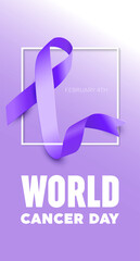Illustration Of 4 February World Cancer Day Poster Or Banner Background. Cancer Awareness Realistic Ribbon.