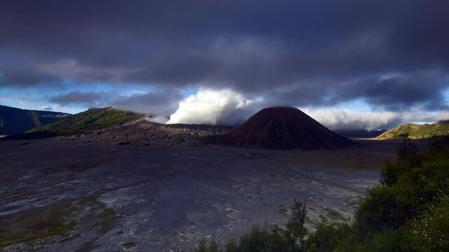 BROMO Volcano time lapse with moving clouds, mountain landscape, nature panorama, Javanese volcano