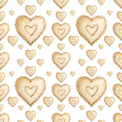 Watercolor seamless pattern of brown hearts. Gingerbread cookies. Valentine's day decoration. Hearts background.