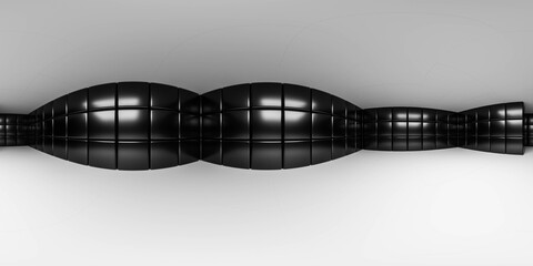 Panoramic shot of dark black walls hall interior with white ceiling and floor full spherical panorama 3d render illustration