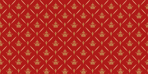 Stylish background pattern in royal style. Gold elements on a burgundy background. Seamless wallpaper texture