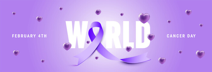 Illustration Of 4 February World Cancer Day Poster Or Banner Background. Cancer Awareness Realistic Ribbon.