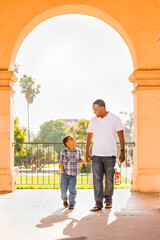 Fototapeta na wymiar Happy African American Father and Mixed Race Son Walking At The Park