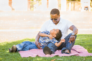 Happy African American Father and Mixed Race Son Playing At The Park